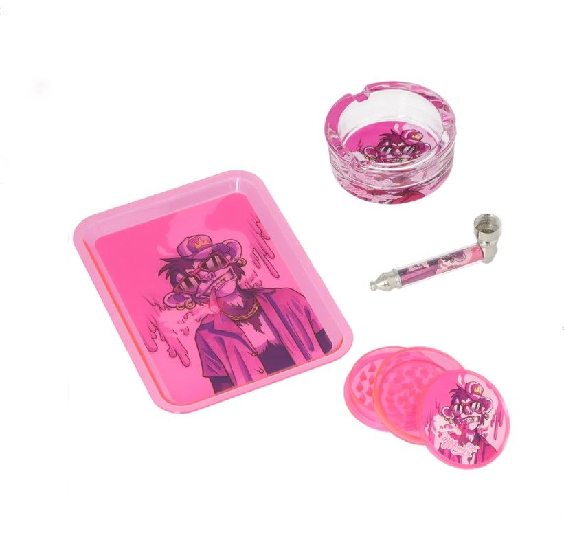 Monkey King készlet – Dohányörlő + Fémpipa + Hamutartó + Rolling Tray - rózsaszín